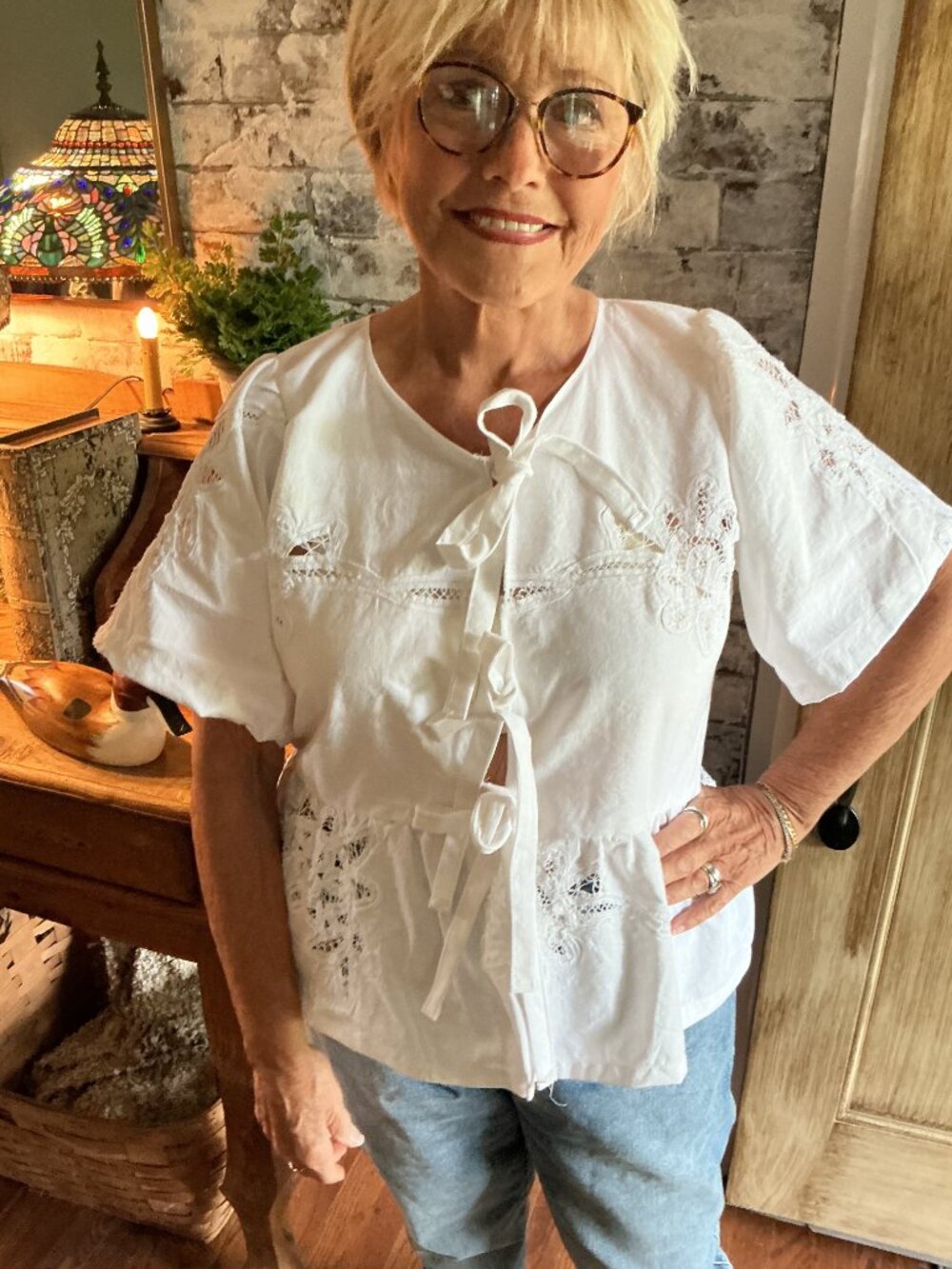 Upcycled Women's shirt made from vintage tablecloth, fits Women's Medium